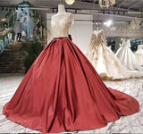 Ball Gown Satin Prom Dress with Beading Long Formal Dress with Short Sleeves N1892