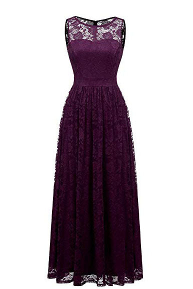 Purple Sleeveless Lace Bridesmaid Dresses, Floor Length Lace Prom Dresses N1856