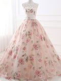 Ball Gown Print Prom Dress Lace Up Back Appliques Long Quinceanera Dress N1512