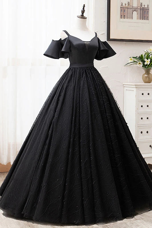 Black Ball Gown Off The Shoulder Straps Long Lace Prom Dresses
