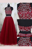 A-Line Sleeveless Burgundy Jewel Tulle Beading Floor-Length Two Piece Dresses,N748