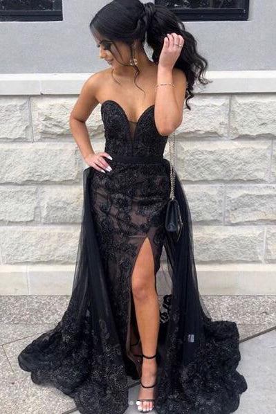 Black Sweetheart Tulle Prom Dresses with Lace Appliques Long Strapless Split Formal Dresses N1895