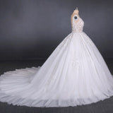 Ball Gown Sheer Neck Sleeveless White Wedding Dresses Lace Appliqued Bridal Dresses N2297