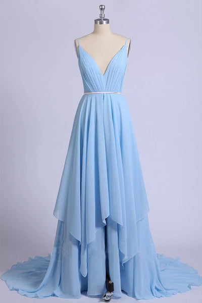 Sexy Sky Blue V-Neck Spaghetti Straps Pleated Long Prom Dresses