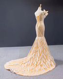 Luxurious Mermaid One Shoulder Long Prom Dresses Gorgeous Yellow Evening Dresses N2413