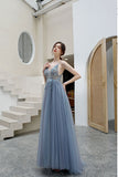A Line Spaghetti Straps Tulle Beading Prom Dress with Side Slit N2664