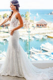 Romantic Mermaid Deep V-Neck Sleeveless Lace Wedding Dresses With Train