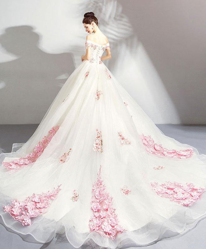 Unique Off the Shoulder Tulle Wedding Dresses with Pink Flowers Ball Gown Wedding Gown N2584