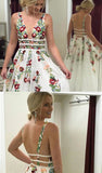 A Line V-Neck Sleeveless Floral Appliques Lace Prom Dresses