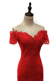 Red Off the Shoulder Mermaid Lace Prom Dresses Sweep Train Long Evening Dresses N1193