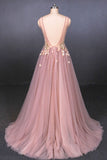 Pink V-Neck Sleeveless Tulle Prom Dresses with Appliques A Line Tulle Evening Dresses N2338