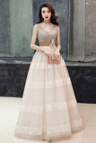 Unique V-Neck Tulle Lace Long Prom Dresses Tulle V Back Evening Dresses with Train N2092
