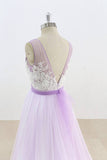 Lilac V-Neck Sleeveless Tulle Wedding Dresses Lace Appliqued Bridal Gown with Belt N817