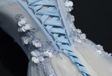 A Line Cap Sleeves Tulle Flower Appliqued Floor Length Prom Dress N1174