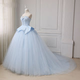 Light Blue Sweetheart Ball Gown Beading Tulle Prom Dresses N2540