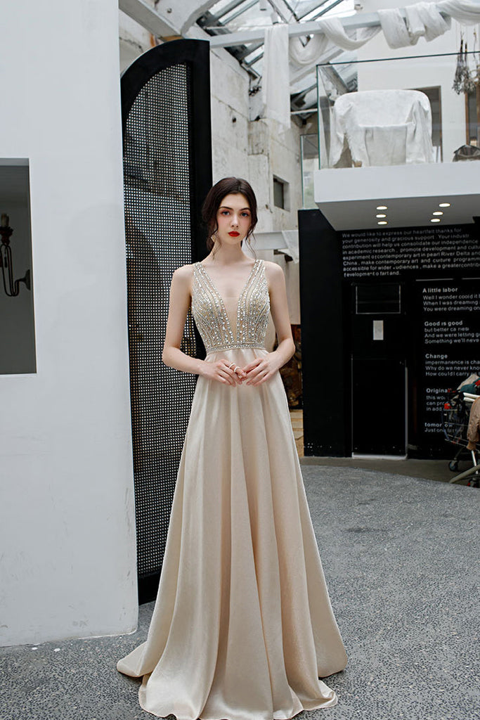 Elegant Deep V Neck Sleeveless Evening Dress with Sequins, Backless A Line Party Dress N2665