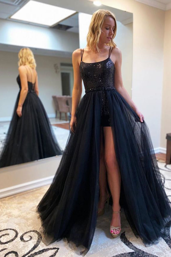 Black A Line Side Slit Prom Dress with Sequins, Spaghetti Straps Evening Dress N2670