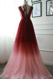 A Line V-Neck Tulle Ombre Prom Dress Appliqued Party Dress N2447