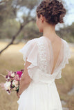 Ivory V-Neck Chiffon Boho Wedding Dress Unique Cap Sleeves Beach Wedding Dress with Ruffles N2505