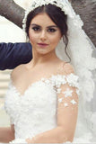 Ball Gown Sheer Neck Long Wedding Dresses with Flowers Long Sleeves Puffy Bridal Dresses N2080