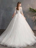 Romantic 3/4 Sleeves Illusion Neckline Lace Appliqued Wedding Dresses N2555
