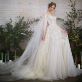 Romantic 3/4 Sleeves Illusion Neckline Lace Appliqued Wedding Dresses N2555
