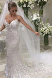 Gorgeous Mermaid Sweetheart Chapel Train Silver Sequined Wedding Dresses N2501