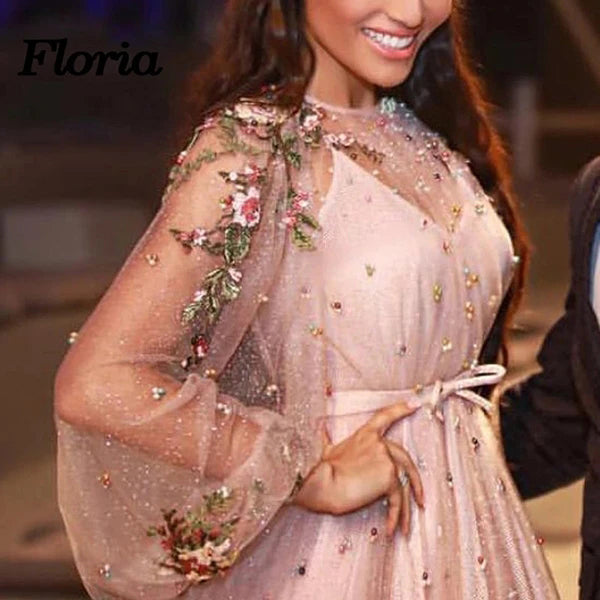 Unique Long Sleeves Tulle Prom Dresses with Flowers Charming Formal Dresses with Flowers N2612