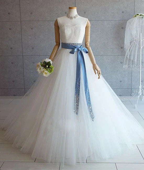 Sweetheart Ball Gown Sweetheart Tulle Wedding Dresses with Blue Belt N2684