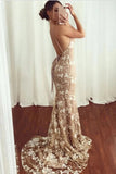 Spaghetti Straps Lace Mermaid Long Evening Prom Dresses with Sweep Train N2597