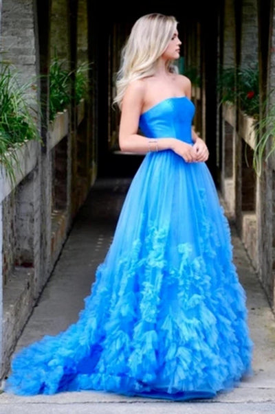 Red Strapless Tulle Prom Dresses A Line Long Prom Dresses With Train N2440
