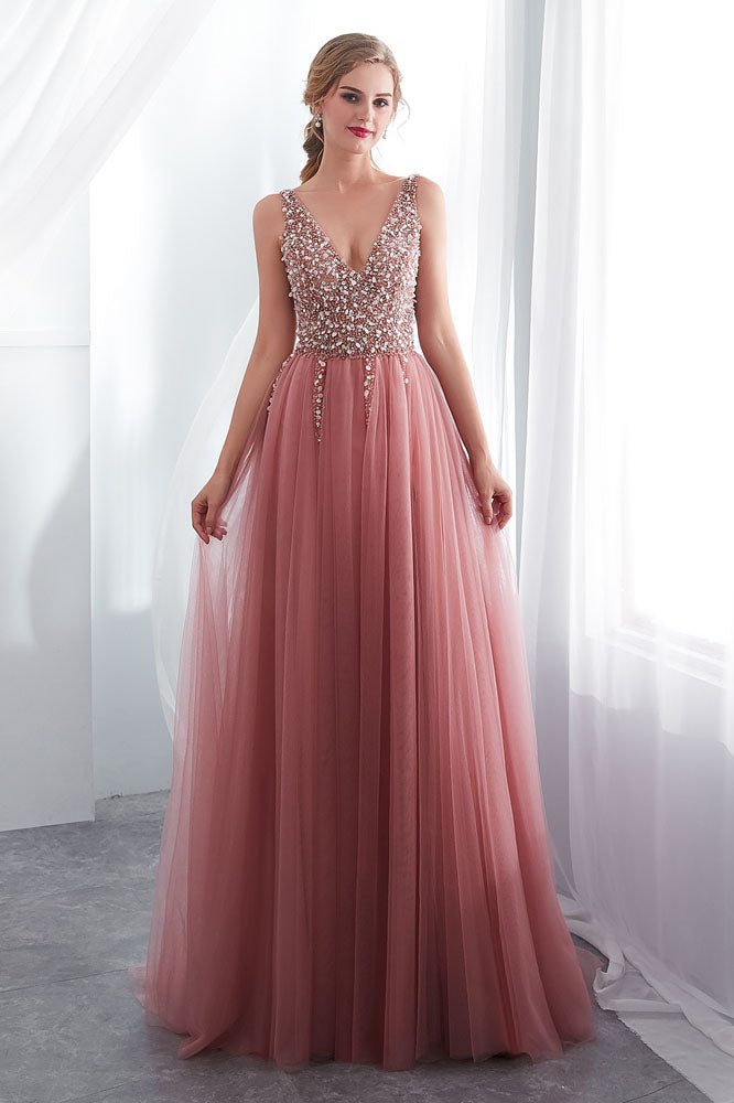 Beading V-Neck Pink High Split Tulle Sweep Train Sleeveless Evening Go ... Beading V-Neck Pink High Split Tulle Sweep Train Sleeveless Evening Go ...