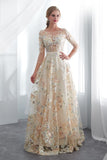 A Line 3/4 Sleeves Floor Length Floral Prom Dresses Long Evening Gowns N2277