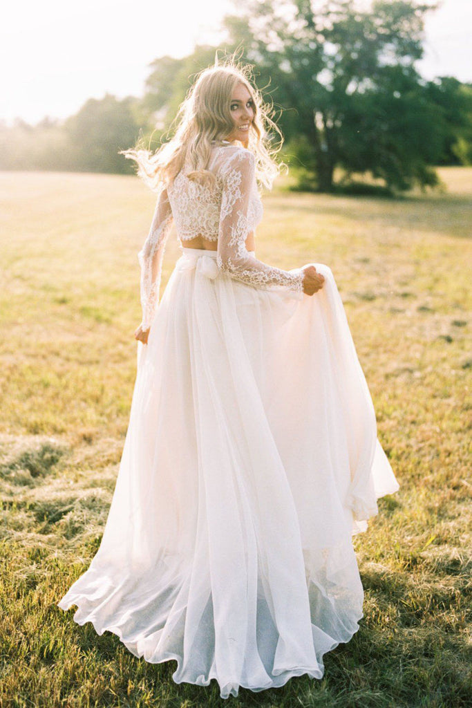 Romantic Two Piece Long Sleeves Wedding Dresses with Lace A Line Ivory Chiffon Bridal Dresses N2398