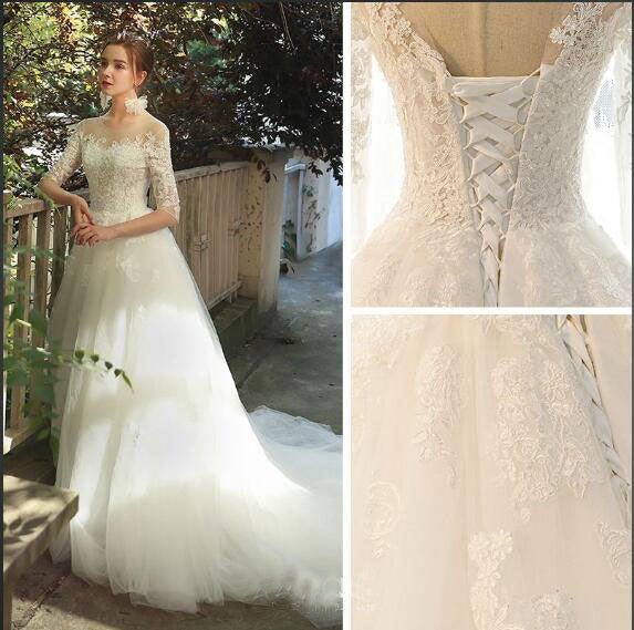 Romantic 3/4 Sleeves Illusion Neckline Lace Appliqued Wedding Dresses N2555