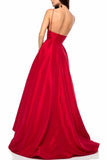 A Line V-Neck Satin Prom Dresses Spaghetti Straps Long Evening Dresses N2088