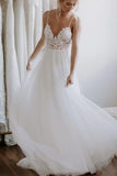 Ivory Backless Spaghetti Straps Tulle Beach Wedding Dresses Lace Applique Bridal Dresses N2415