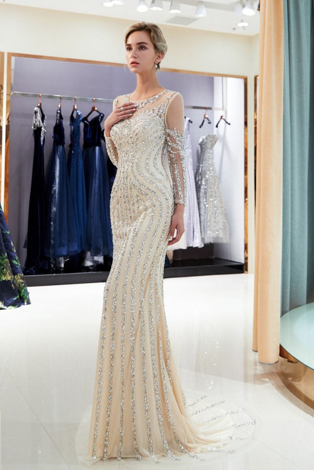 Beaded Evening Dress Luxury Mermaid Crystal Sweep Train Long Sleeves Prom Dress WH72698