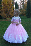 Ball Gown Cute Short Sleeves Long Flower Girl Dresses Lace Appliques Bow Flower Girl Dresses F079
