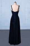 Dark Navy Blue Straps Floor Length Evening Dresses Long Chiffon Prom Dresses with Lace N2292