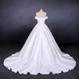 Puffy Off the Shoulder Satin Wedding Dresses Ball Gown Long Bridal Dresses with Long Train N2286