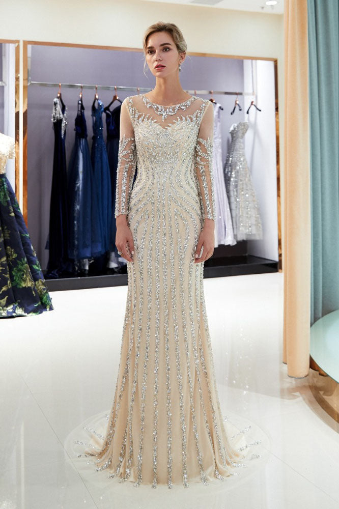 Beaded Evening Dress Luxury Mermaid Crystal Sweep Train Long Sleeves Prom Dress WH72698
