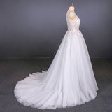 Sexy V-Neck Tulle Wedding Dresses with Lace Appliques A Line Backless Bridal Dresses N2287