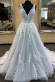 Puffy V Neck Sleeveless Tulle Wedding Dresses, Appliques Long Bridal Dresses N2275