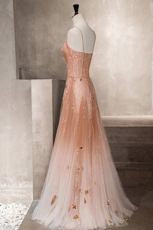 Unique Spaghetti Straps V-Neck Sleeveless Tulle Prom Dress N2090