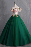Green Puffy Off the Shoulder Floor Length Appliqued Prom Dresses