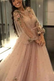 Unique Long Sleeves Tulle Prom Dresses with Flowers Charming Formal Dresses with Flowers N2612