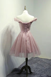 Dusty Pink Off the Shoulder Tulle Homecoming Dresses A Line Tulle Graduation Dresses N2129