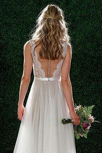A Line Floor Length V Neck Sleeveless Tulle Beach Wedding Dress with Lace N2401