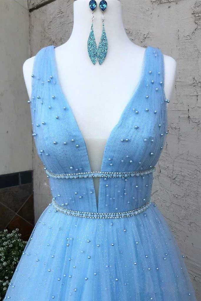 Sky Blue V-Neck Floor Length Prom Dresses with Beading A Line Tulle Formal Dresses N1559